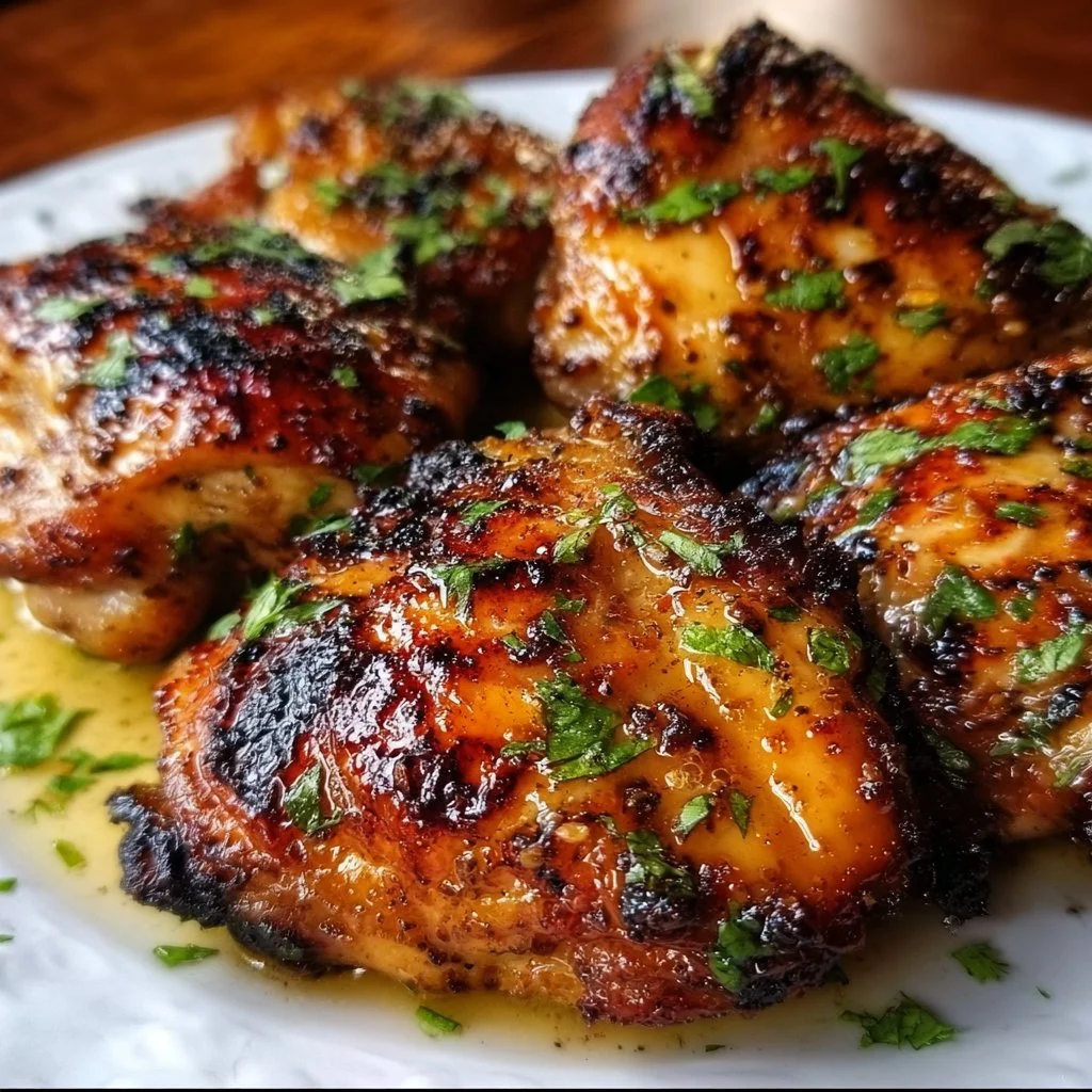 Honey lime grilled chicken thighs on a grill, showcasing juicy marinade and char marks.