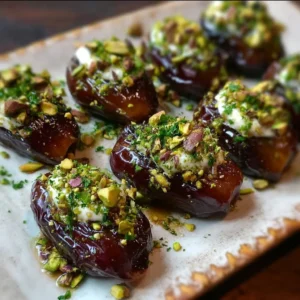 Honey pistachio ricotta stuffed dates on a plate