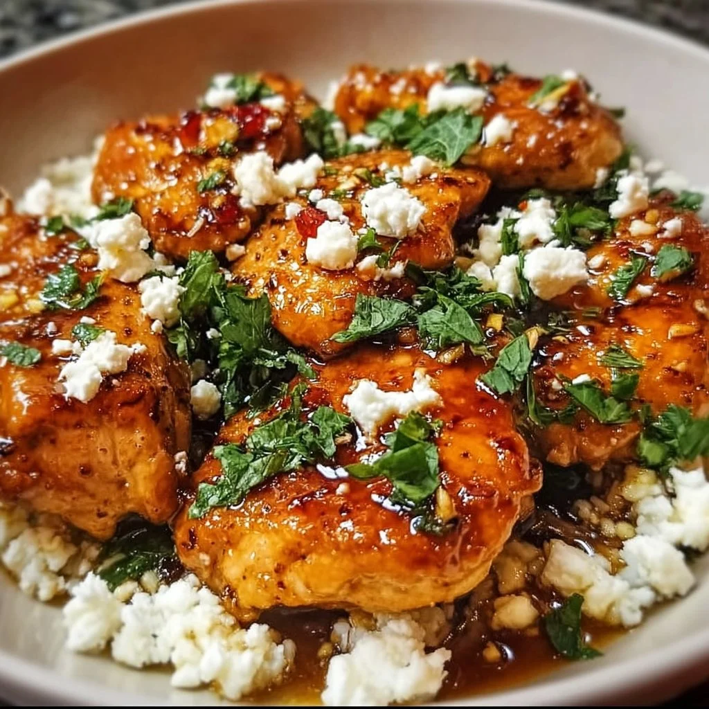 Deliciously baked Hot Honey Feta Chicken garnished with herbs