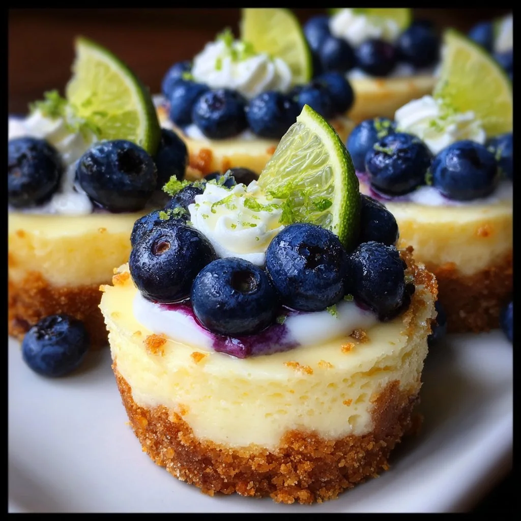 Delicious blueberry lime cheesecake cupcakes topped with fresh blueberries.