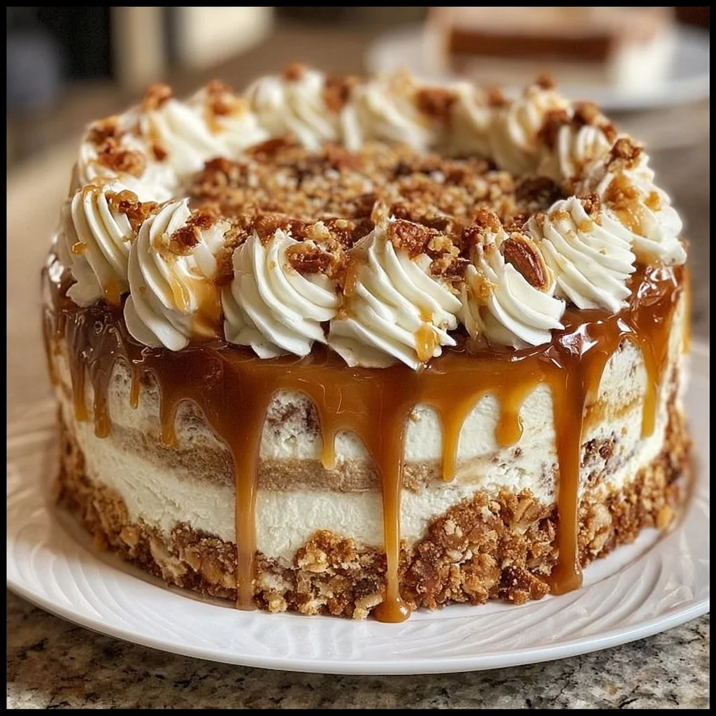 Irresistible caramel crunch cake with layers of caramel and crunchy topping