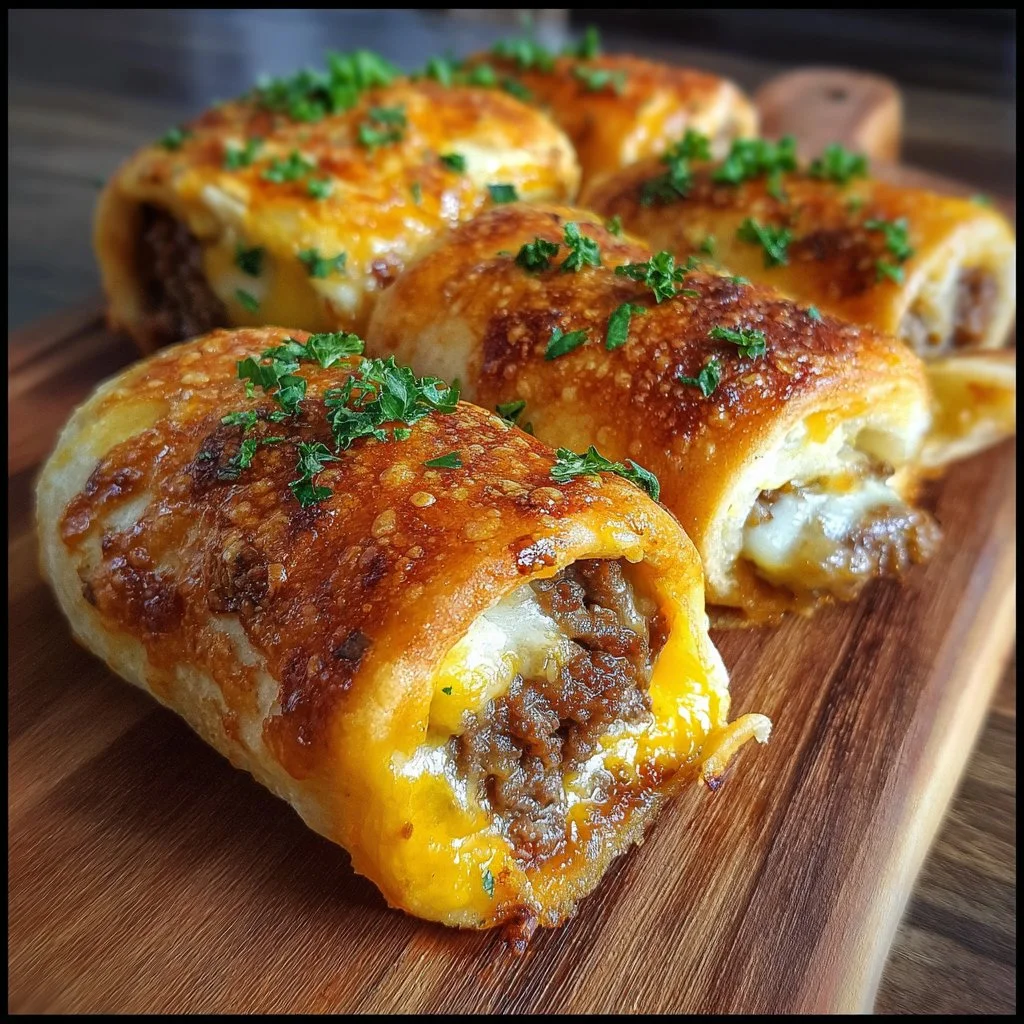 Garlic butter cheeseburger rollups with melted cheese and fresh herbs