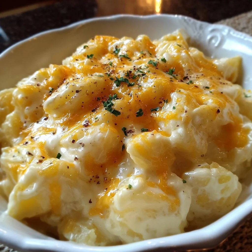 Creamy crockpot cheesy potatoes served in a bowl