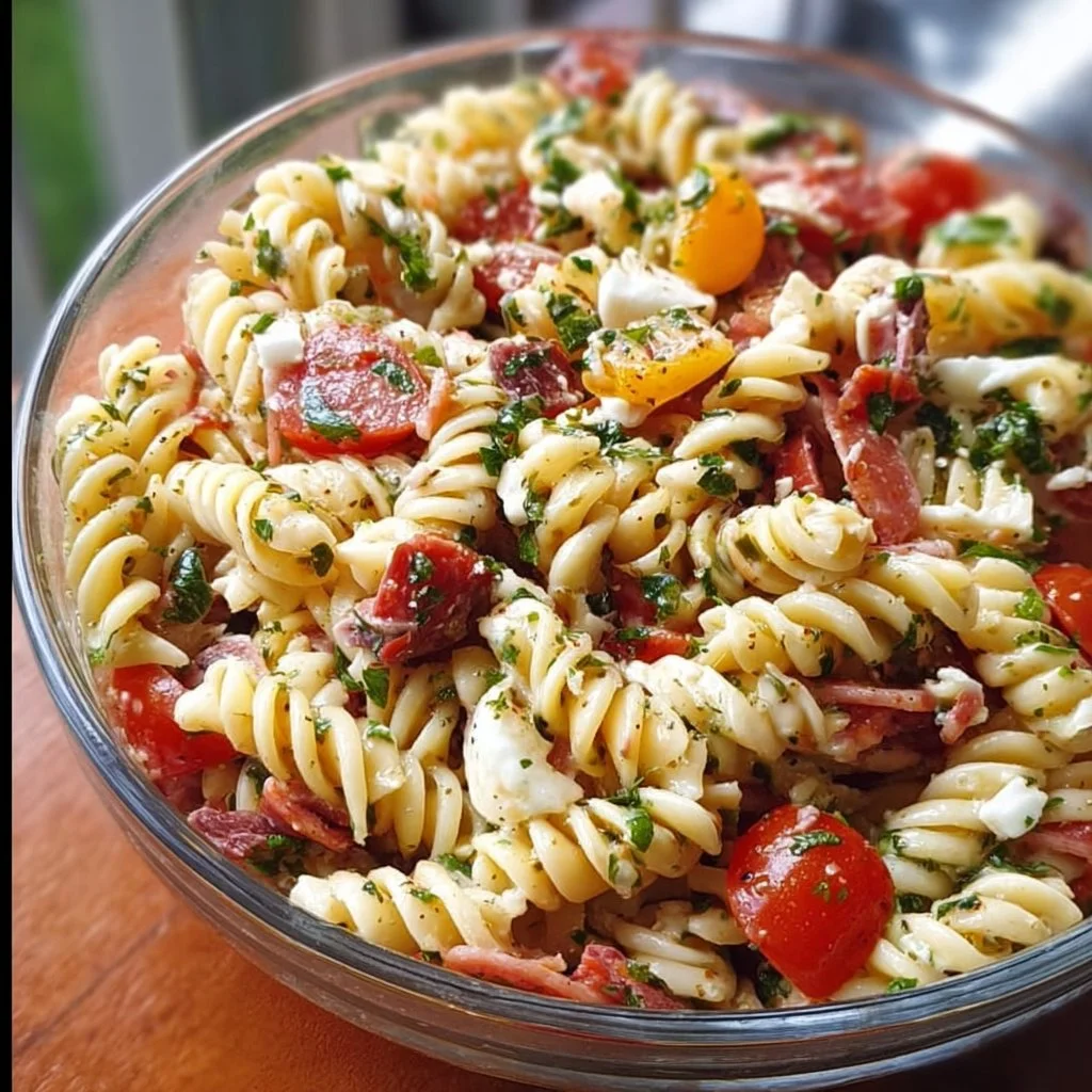 Delicious Italian Deli Pasta Salad with fresh vegetables and Italian dressing