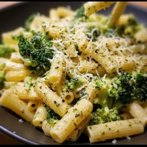 Italian-style broccoli pasta dish garnished with fresh herbs