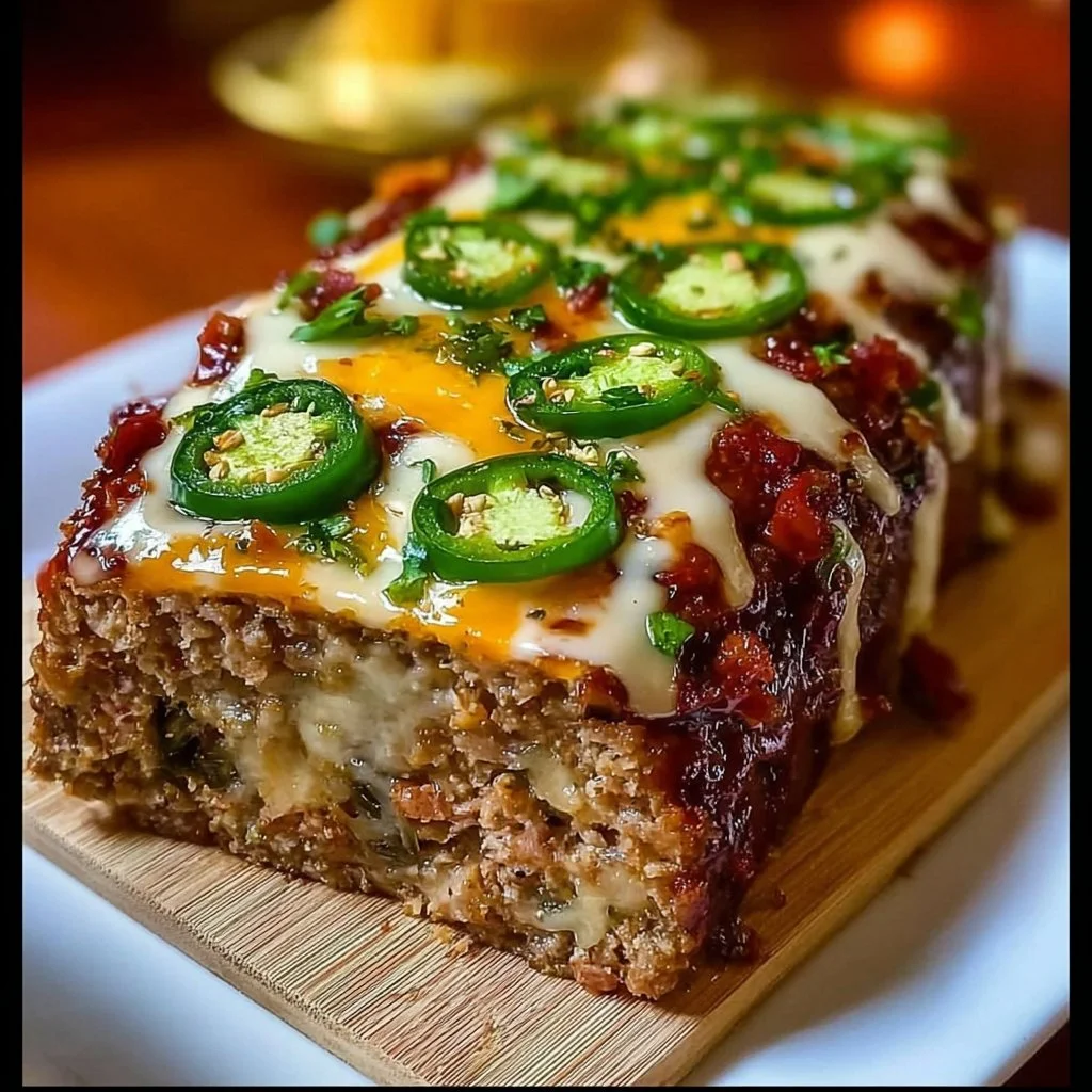 Delicious jalapeño popper meatloaf on a cutting board garnished with jalapeños