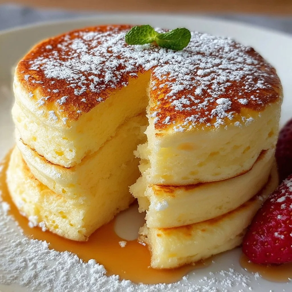 Fluffy Japanese souffle pancakes served with syrup and fruits.