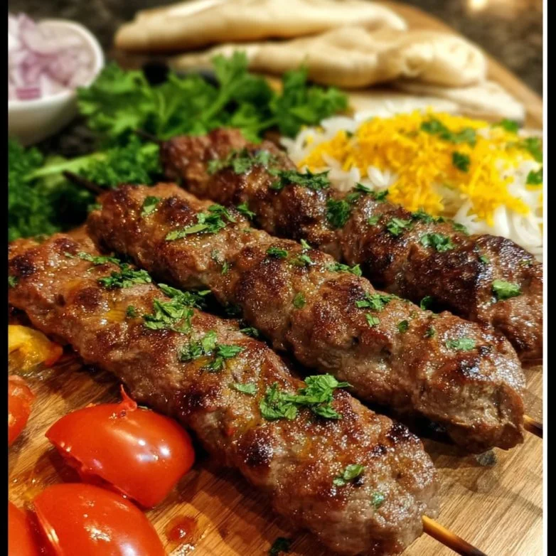 Juicy beef kebab skewers grilled to perfection with spices and vegetables