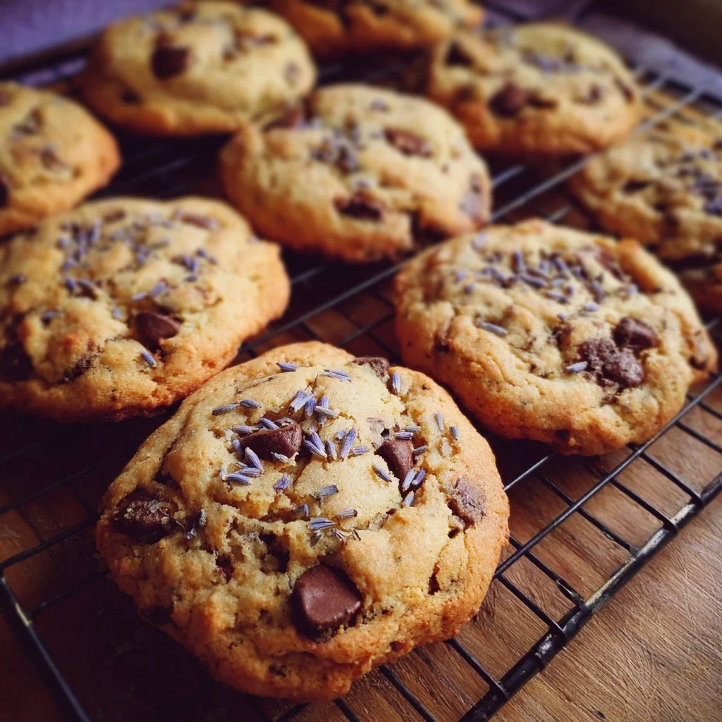 Lavender Chocolate Chip Cookies fresh out of the oven, garnished with lavender sprigs.