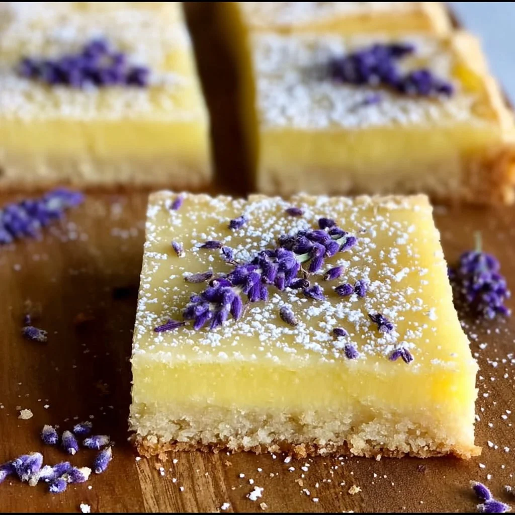 Delicious lavender lemon bars topped with powdered sugar on a white plate.