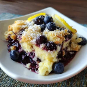 Lemon Blueberry Cheesecake Dump Cake with fresh blueberries and lemon zest on top.