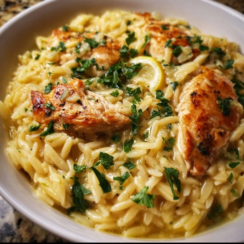Plate of Lemon Chicken Orzo with fresh herbs and lemon slices
