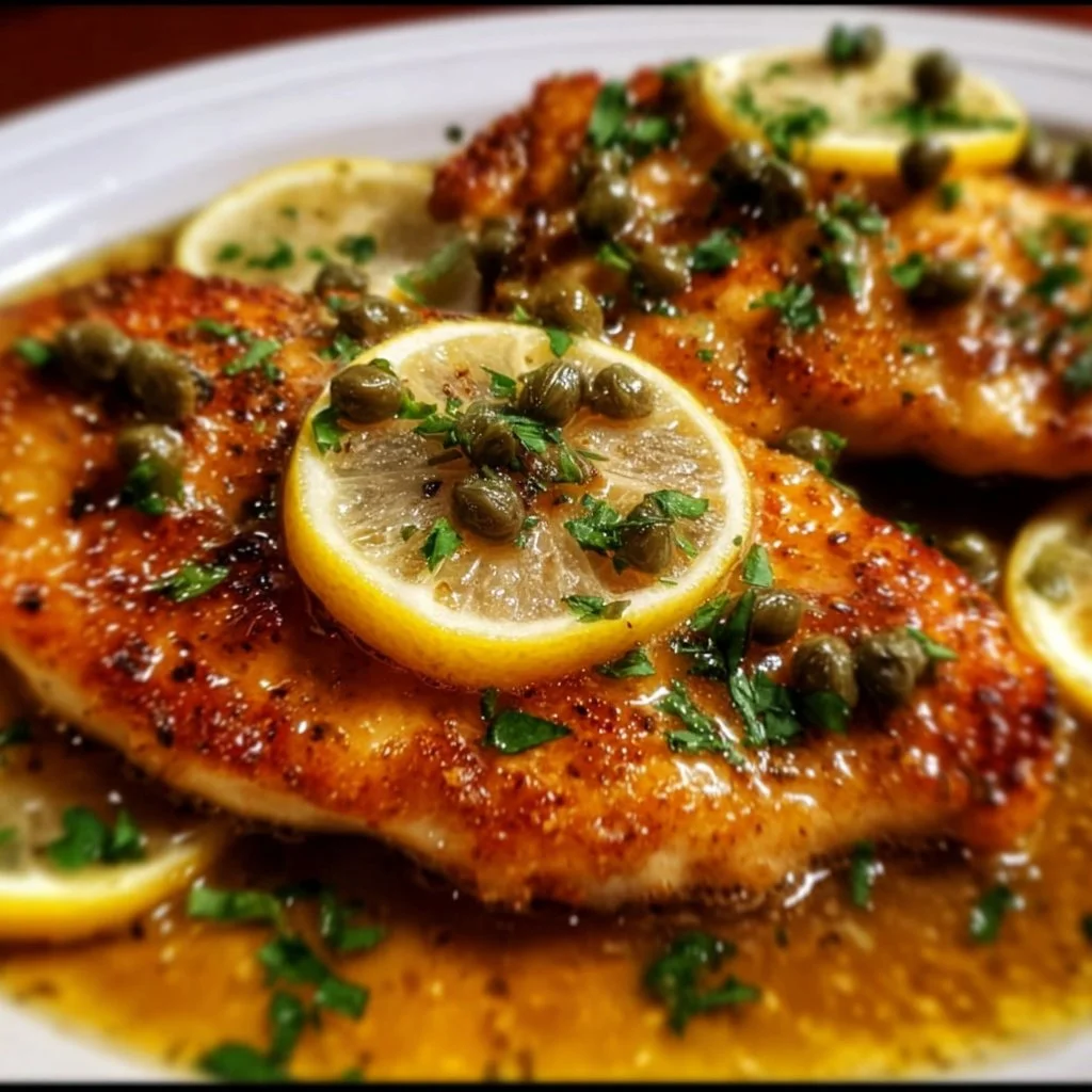 Delicious Lemon Chicken Piccata with capers and fresh herbs served on a plate.