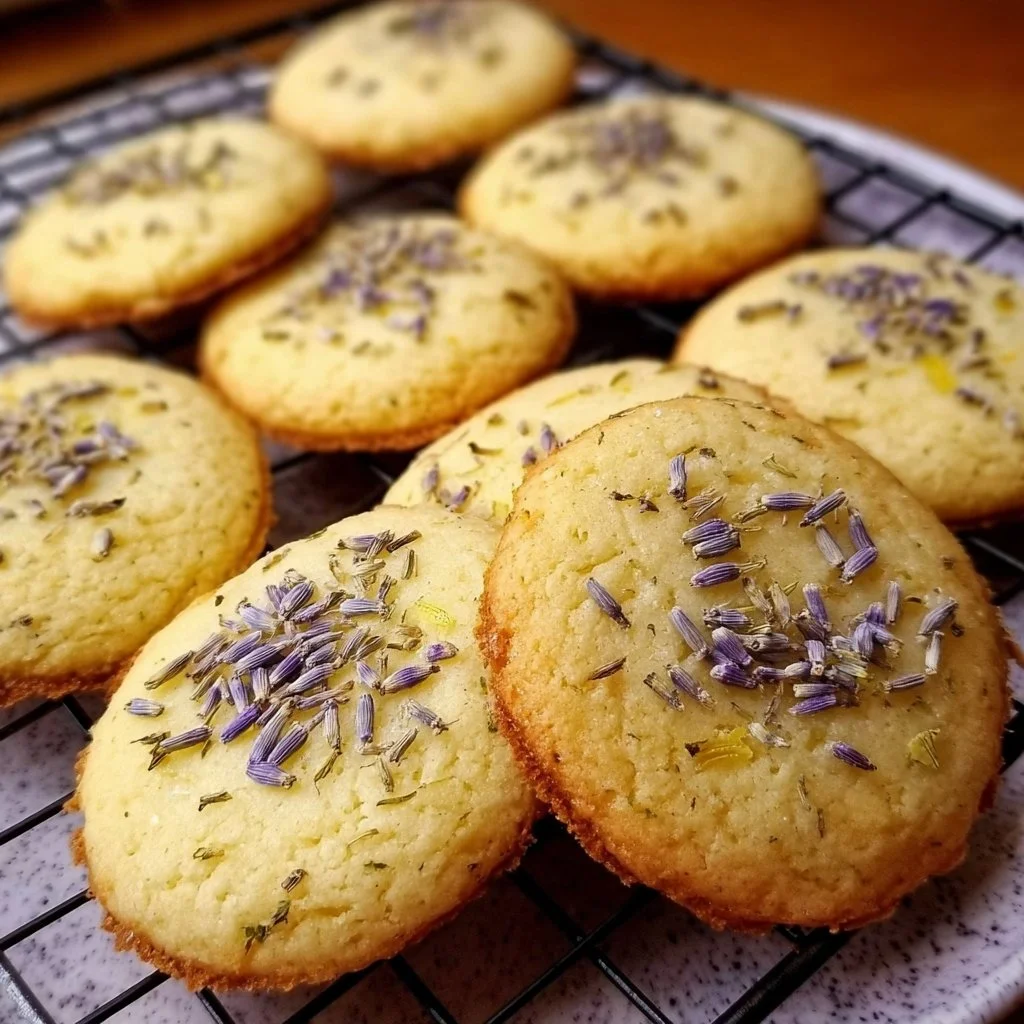 Freshly baked Lemon Lavender Cookies garnished with lemon zest and lavender flowers.