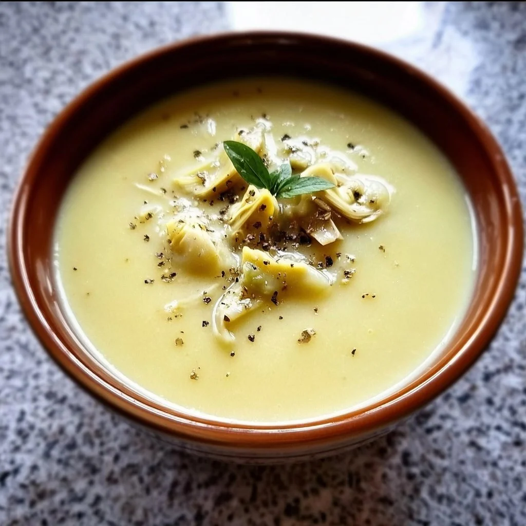 Delicious bowl of Lemony Artichoke Soup garnished with fresh herbs