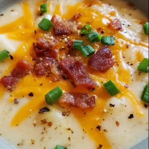Bowl of creamy loaded baked potato soup topped with cheese and bacon