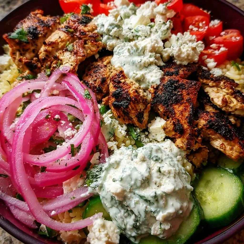 Loaded Mediterranean Chicken Bowl with tzatziki sauce and feta cheese