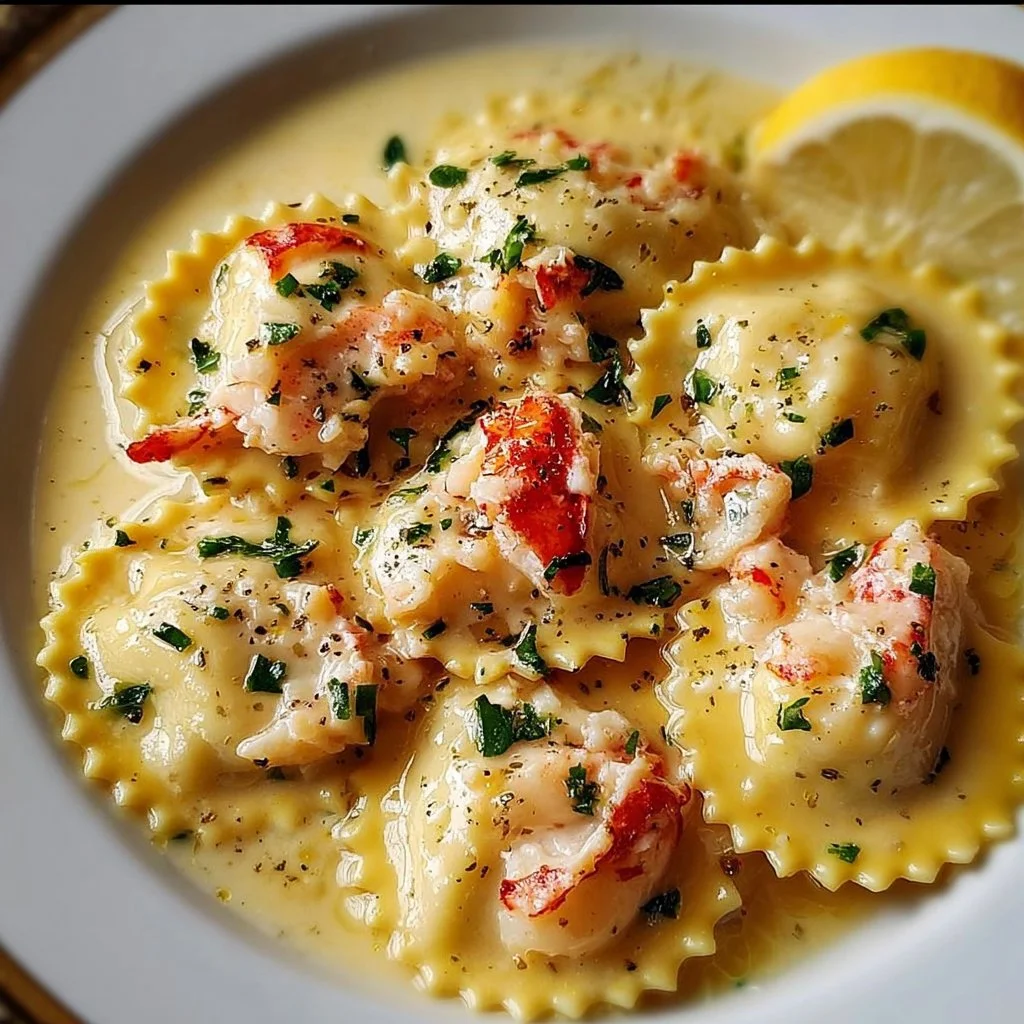 Delicious Lobster Ravioli drizzled with fragrant lemon butter sauce