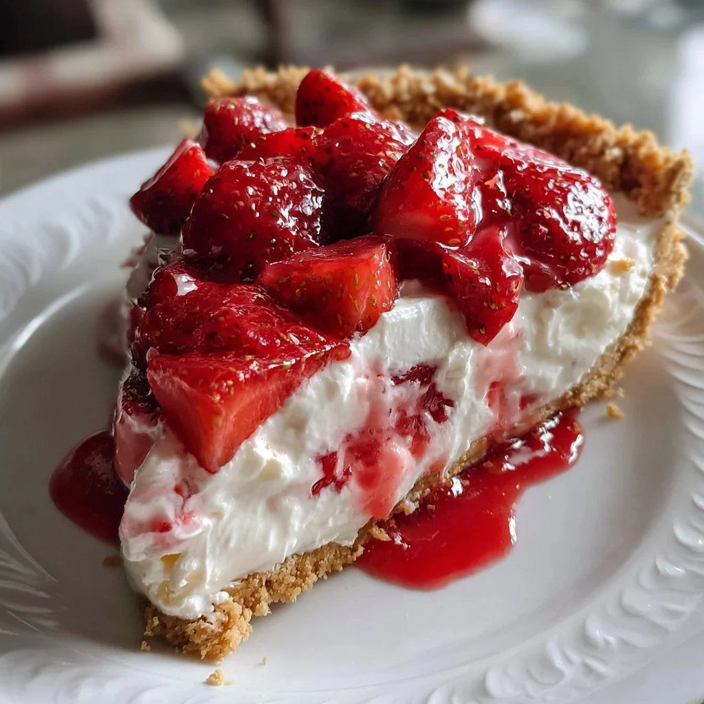 Luscious strawberry cream cheese pie topped with fresh strawberries and whipped cream