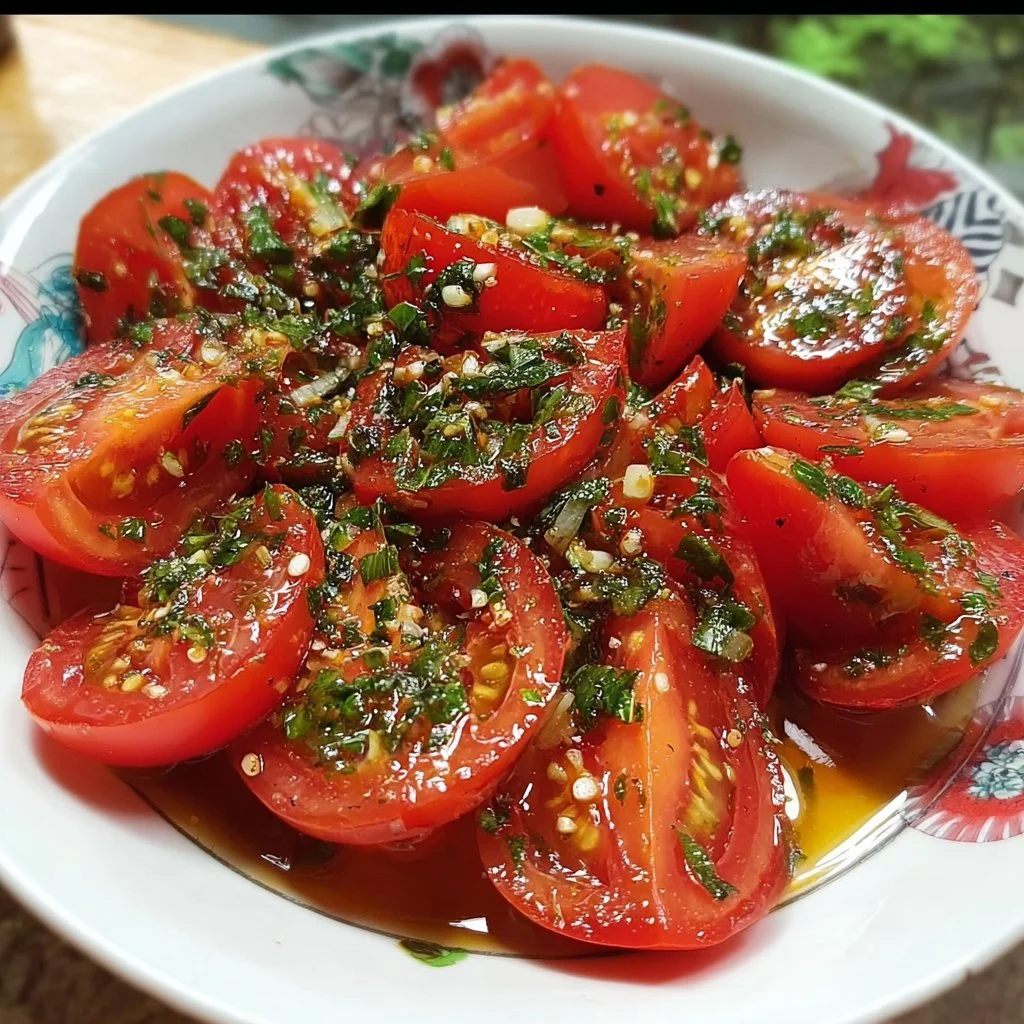Delicious marinated tomato salad with fresh herbs and spices