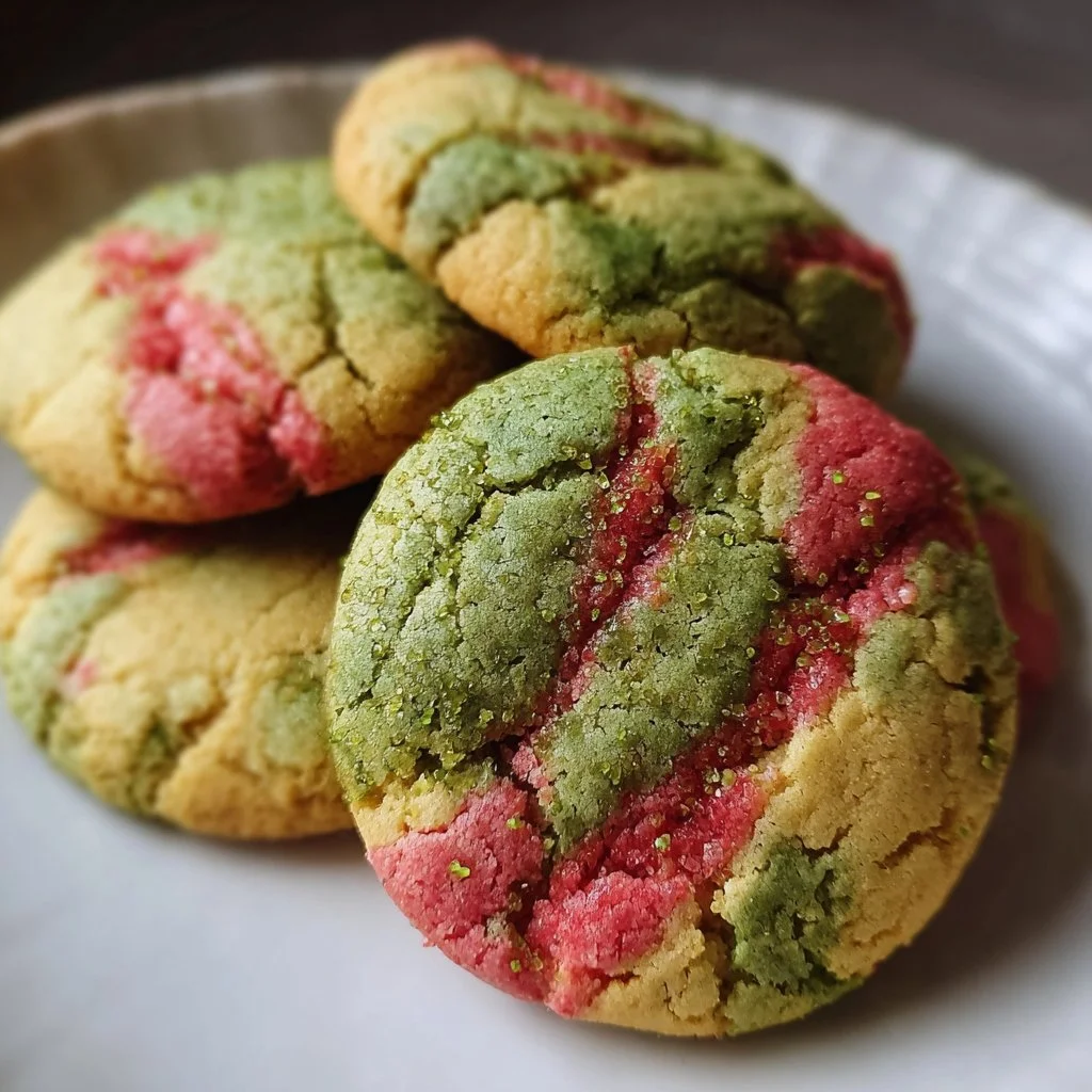 Matcha Strawberry Marble Cookies on a rustic wooden surface