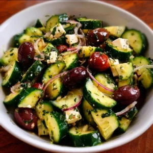 Mediterranean Cucumber and Olive Salad garnished with fresh herbs