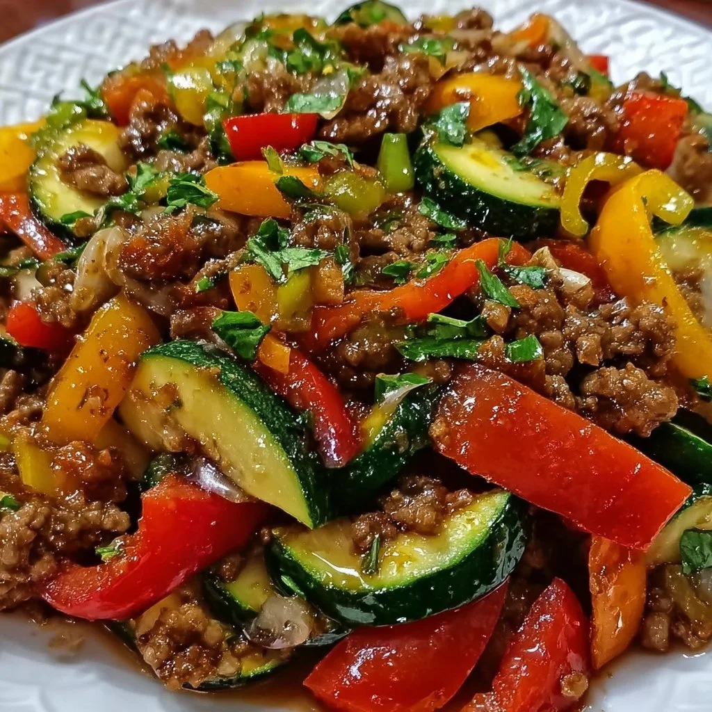 Plate of Mediterranean ground beef stir fry with vegetables and spices.