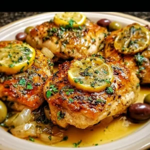 Plate of Mediterranean Lemon Chicken garnished with fresh herbs