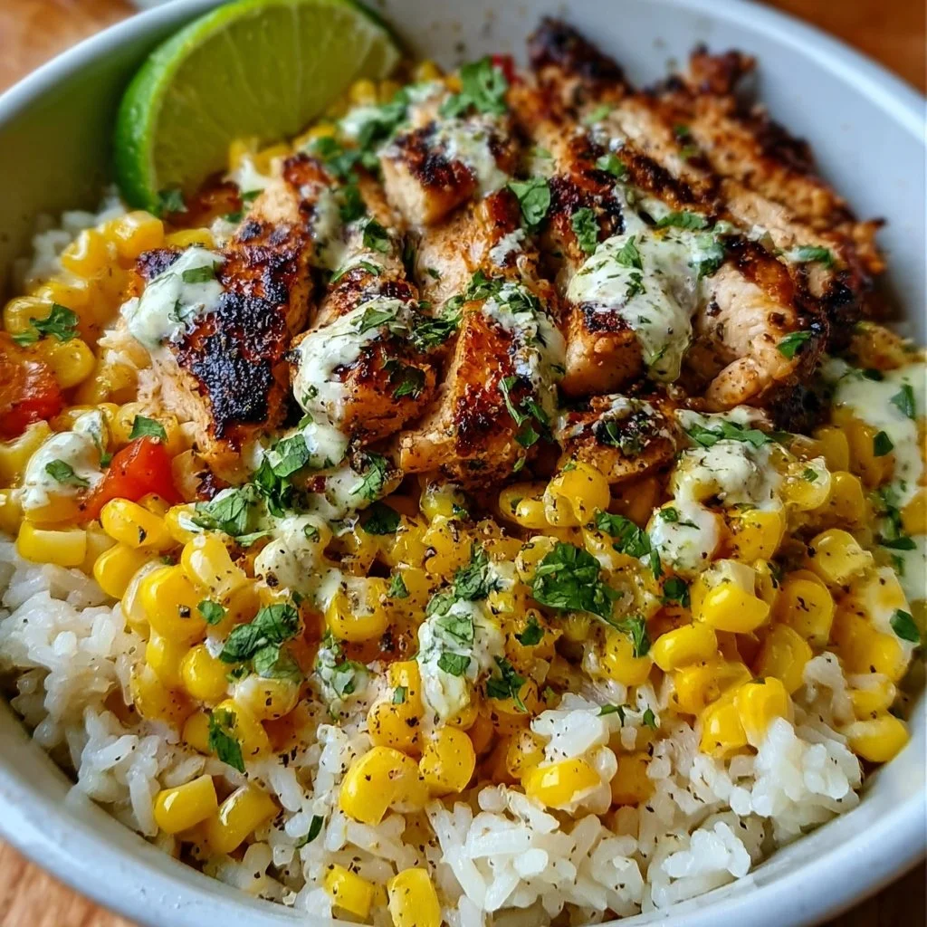 Mexican street corn chicken rice bowl topped with fresh ingredients and spices.