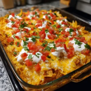 Mexican White Trash Casserole topped with cheese and spices