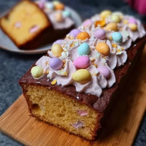 Delicious Mini Egg Loaf Cake with vibrant decorations for spring celebration