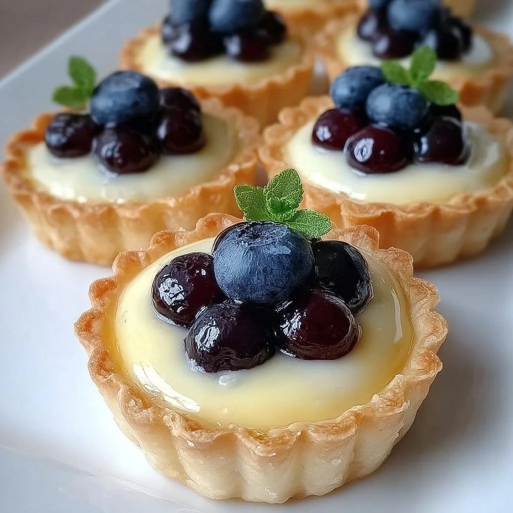 Mini lemon blueberry tarts arranged on a plate, perfect for dessert lovers.