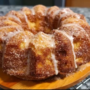 Moist Apple Cider Doughnut Cake with a dusting of cinnamon sugar