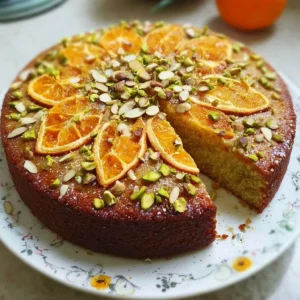 Moist flourless orange almond cake topped with pistachios and oranges