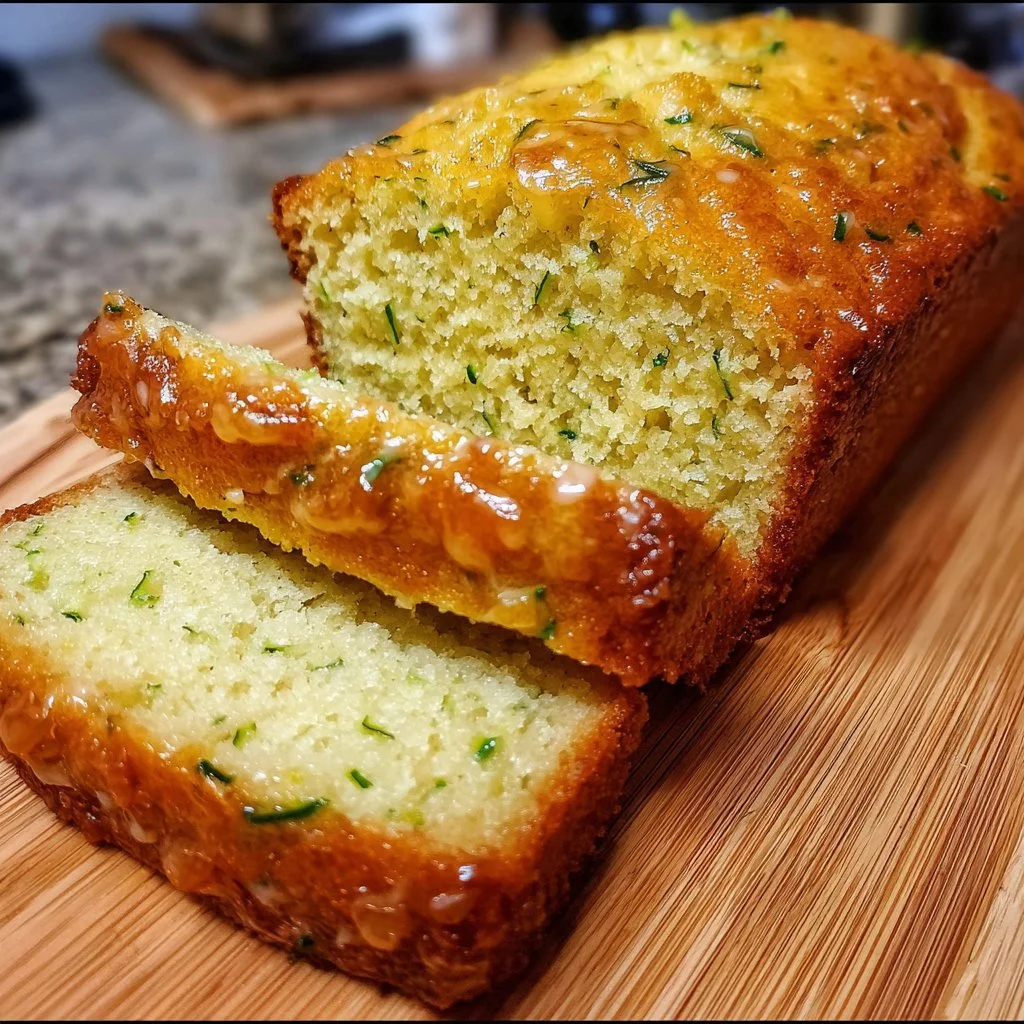 Slice of moist lemon zucchini bread with zesty glaze on a wooden board.