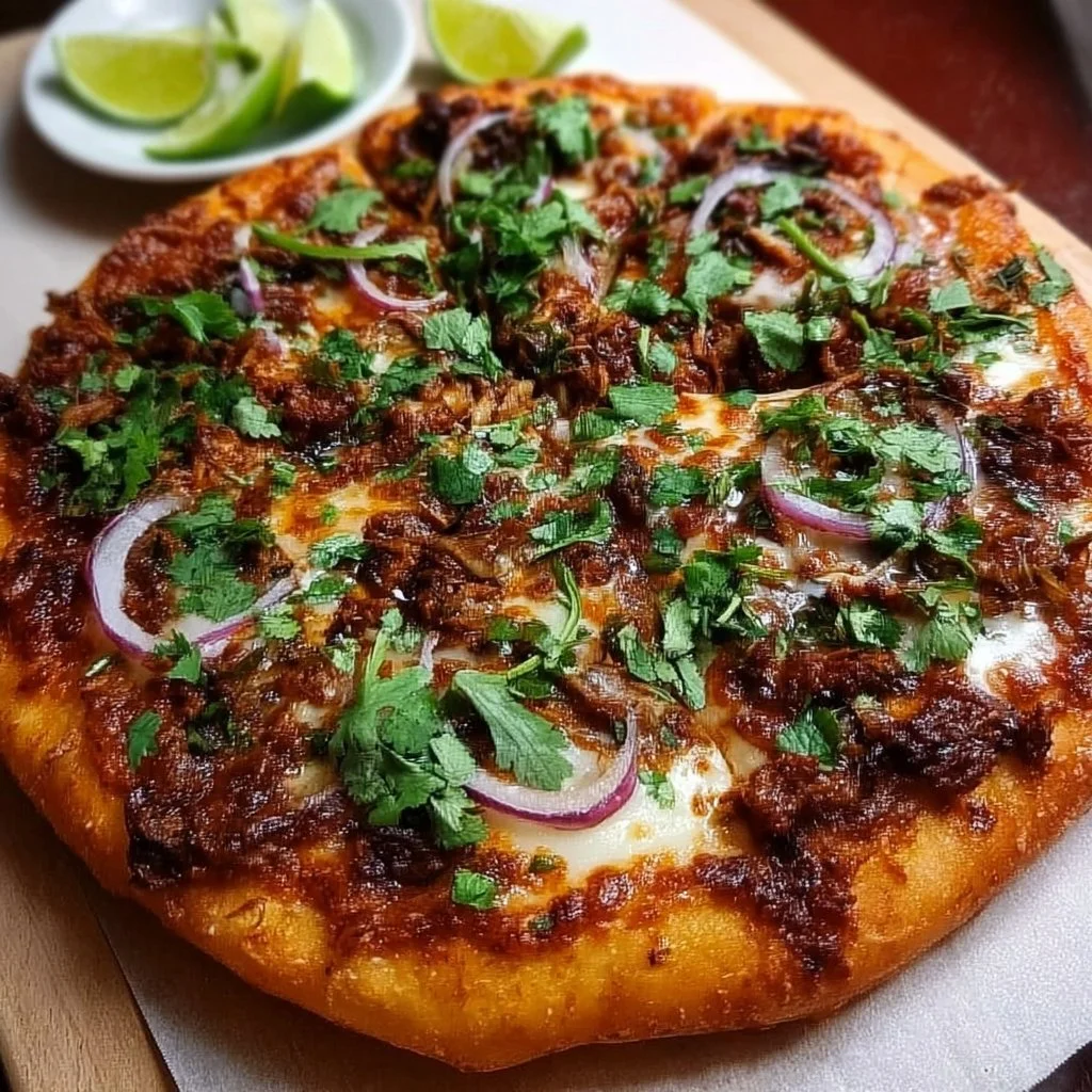 Mouthwatering crispy birria pizza topped with flavorful meat and cheese.