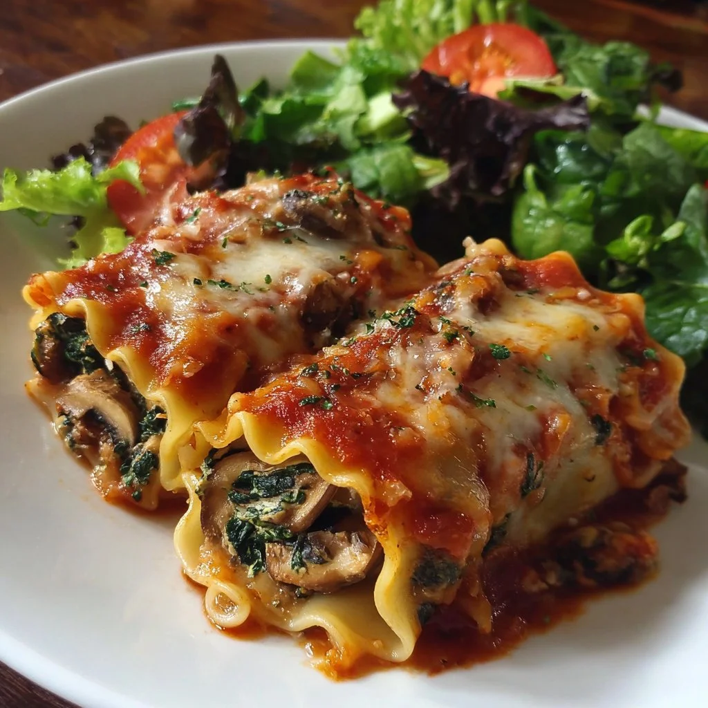 Delicious mushroom and spinach lasagna rolls topped with marinara sauce