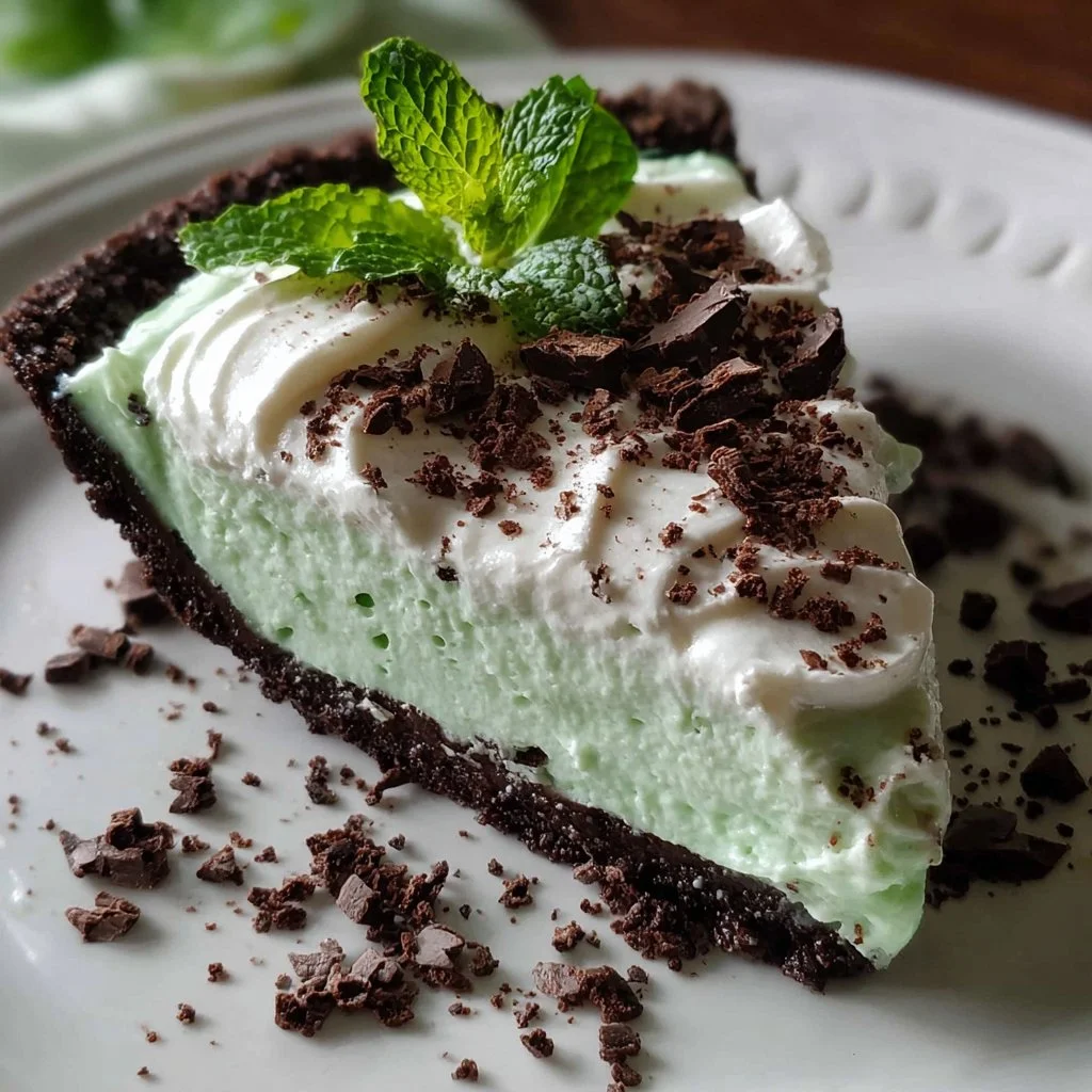 Delicious no bake mint chocolate pie topped with whipped cream and chocolate shavings.