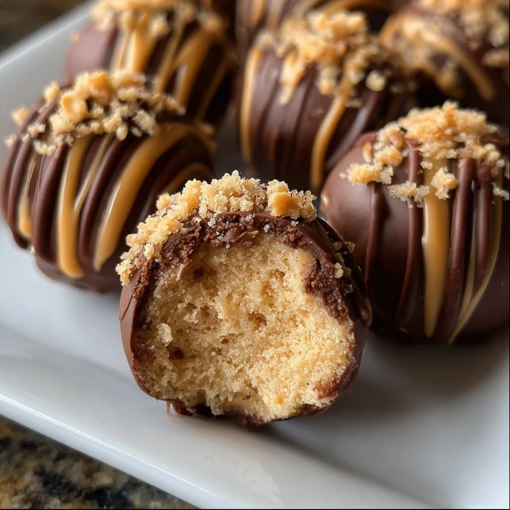 No-Bake Peanut Butter Cheesecake Balls dessert with chocolate drizzle