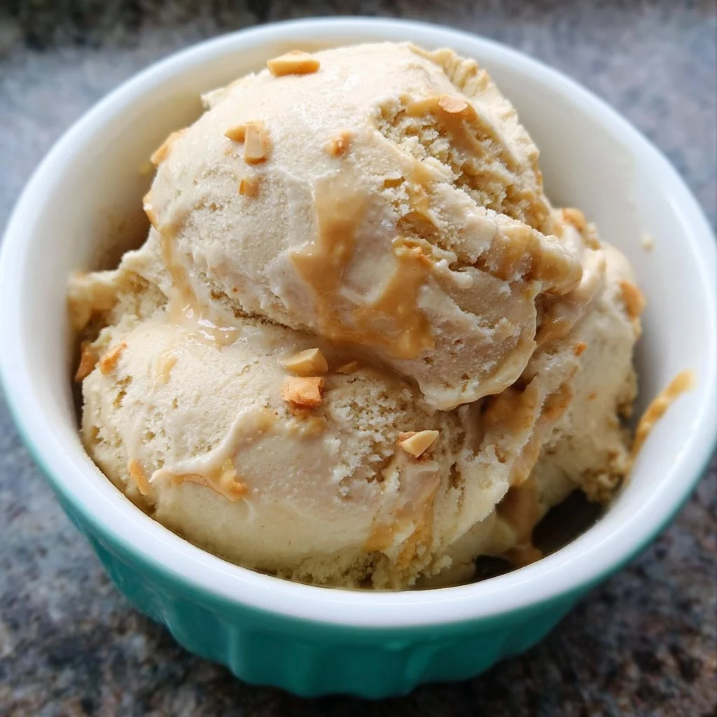 No churn dairy free peanut butter ice cream in a bowl with toppings