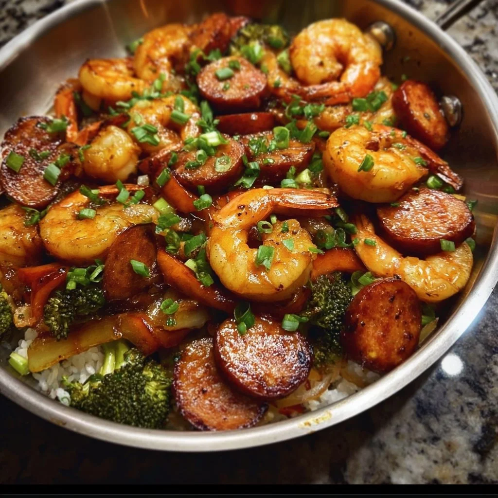 One-pan honey garlic shrimp and sausage dish served on a plate