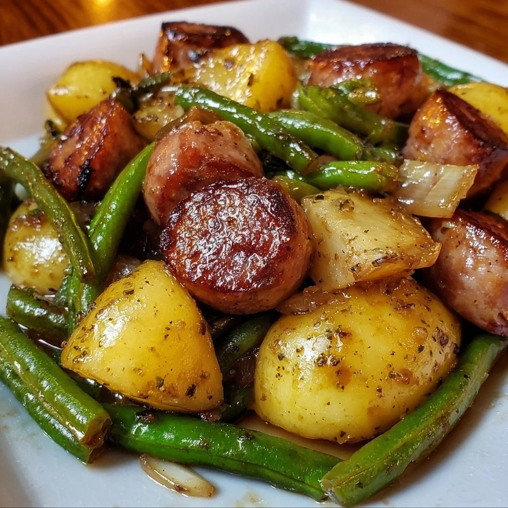 One pan sausage with green beans and potatoes meal served on a plate