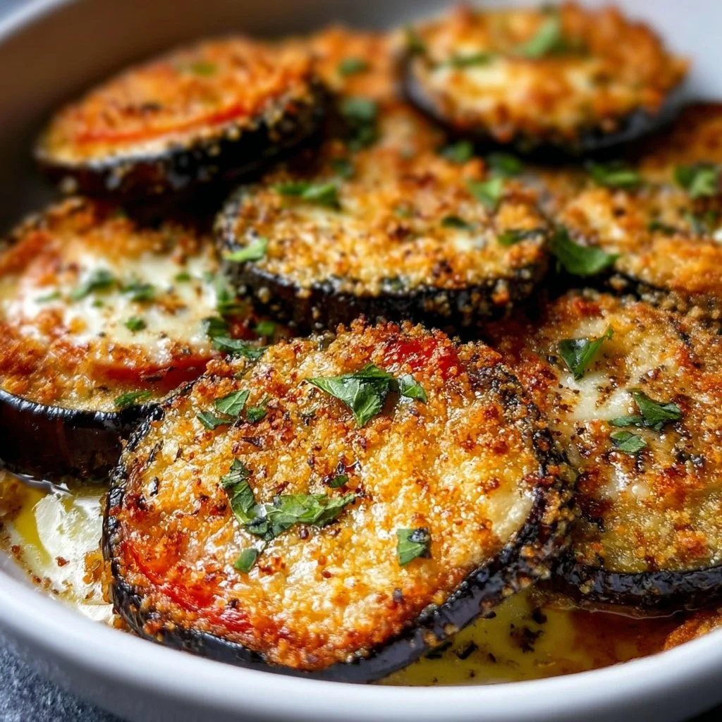 Oven-baked Italian eggplant garnished with herbs and spices.