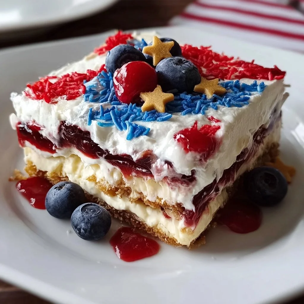 Delicious patriotic lasagna dessert for the 4th of July celebration