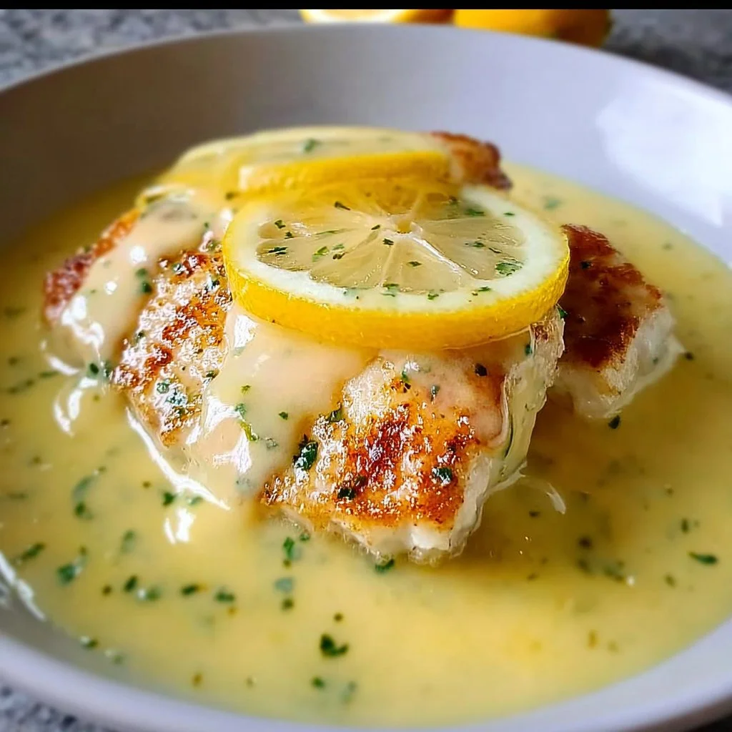 Delicious lemon sauce drizzled over grilled fish on a plate