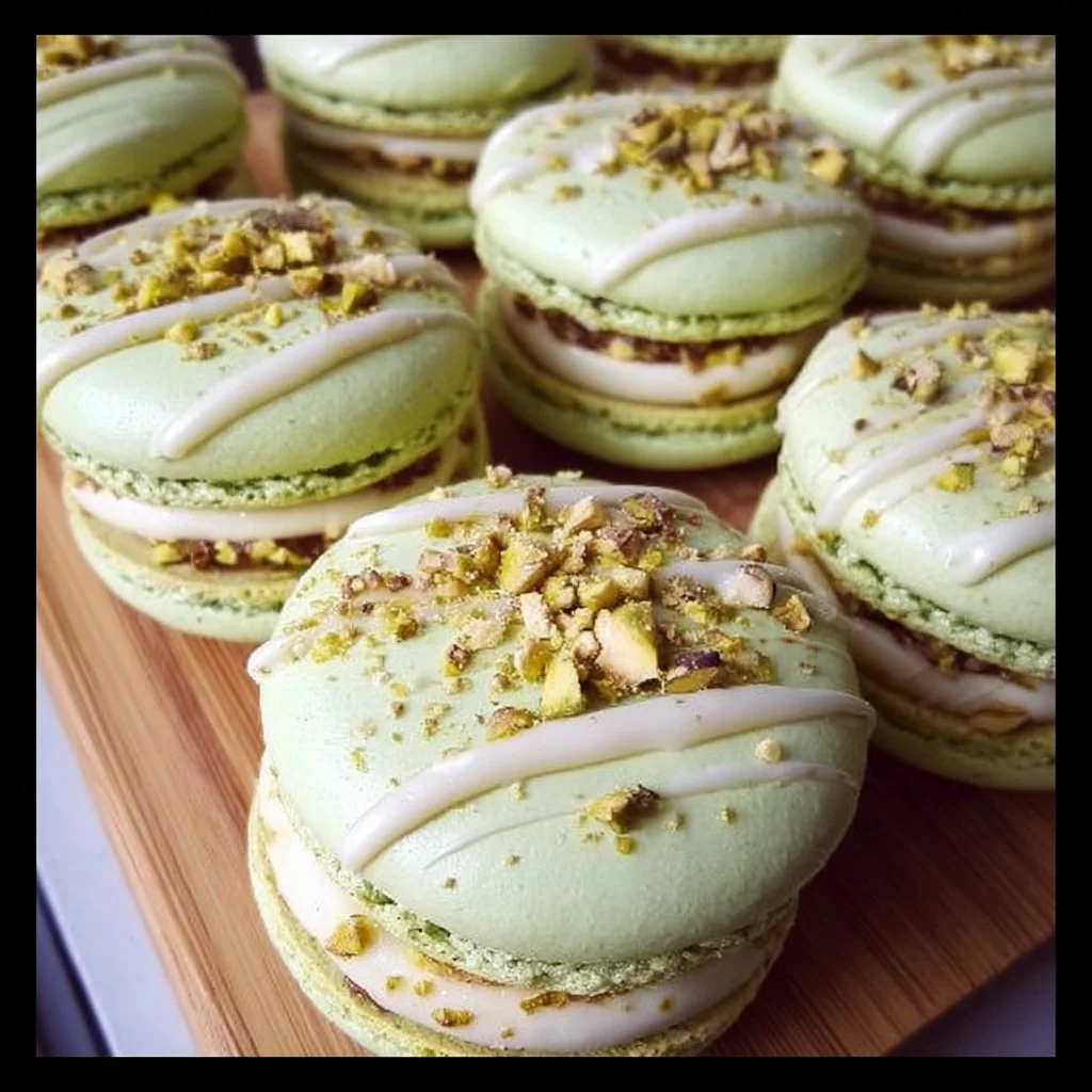 Delicious pistachio macarons with white chocolate ganache filling