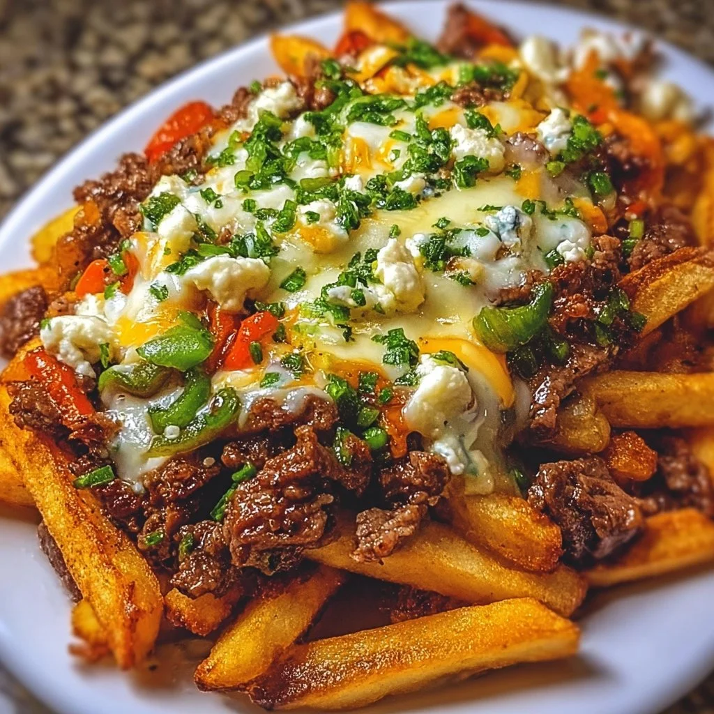 Delicious Philly Steak Cheese Fries topped with melted cheese and steak.