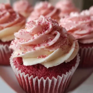 Pink velvet cupcakes decorated with cream cheese frosting and sprinkles