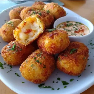Plate of crispy Portuguese shrimp croquettes served with dipping sauce