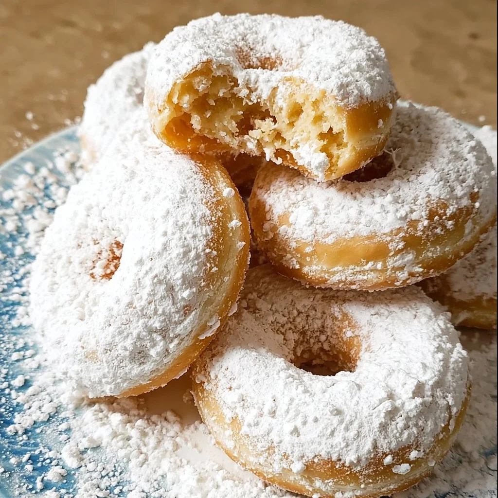 Delicious powdered sugar donuts dusted with sweet icing on a plate
